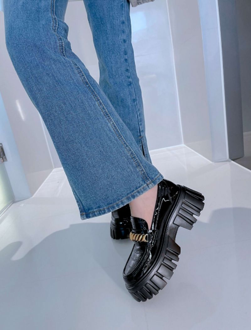 Mia Damskie Skórzane Buty Na Platformie - Czarny