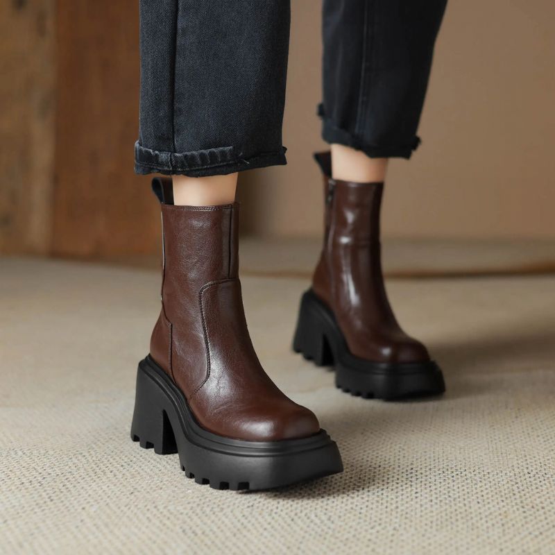 Noe Damskie Skórzane Buty Do Kostki - Brązowy
