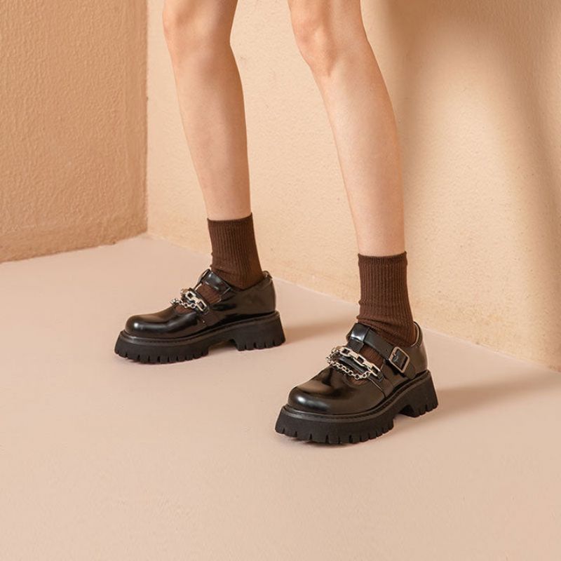 Oz Damskie Skórzane Buty Na Platformie - Czarny