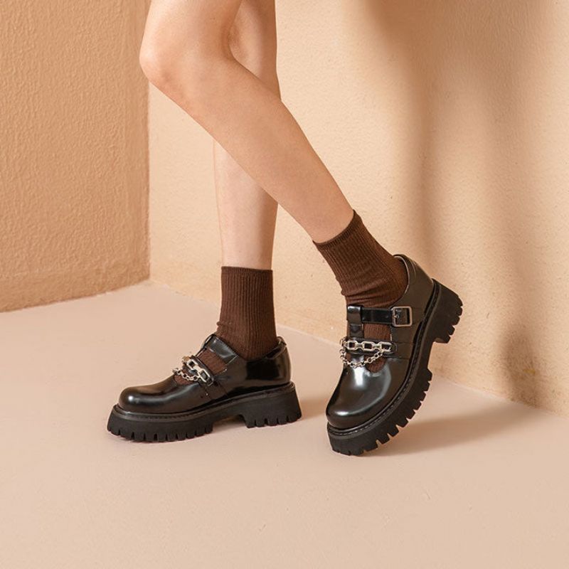 Oz Damskie Skórzane Buty Na Platformie - Czarny