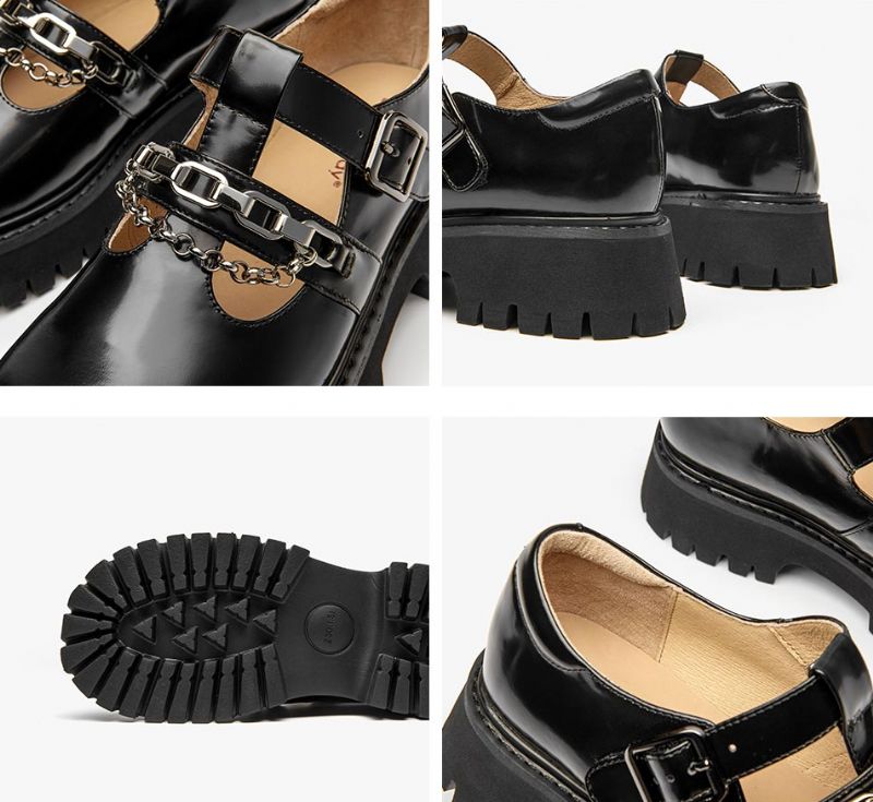 Oz Damskie Skórzane Buty Na Platformie - Czarny