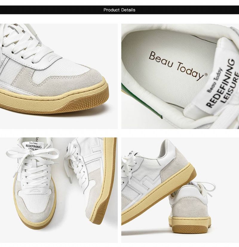 Picco Damskie Trampki Skórzane Sznurowane Płaskie Buty - Beżowy Szary