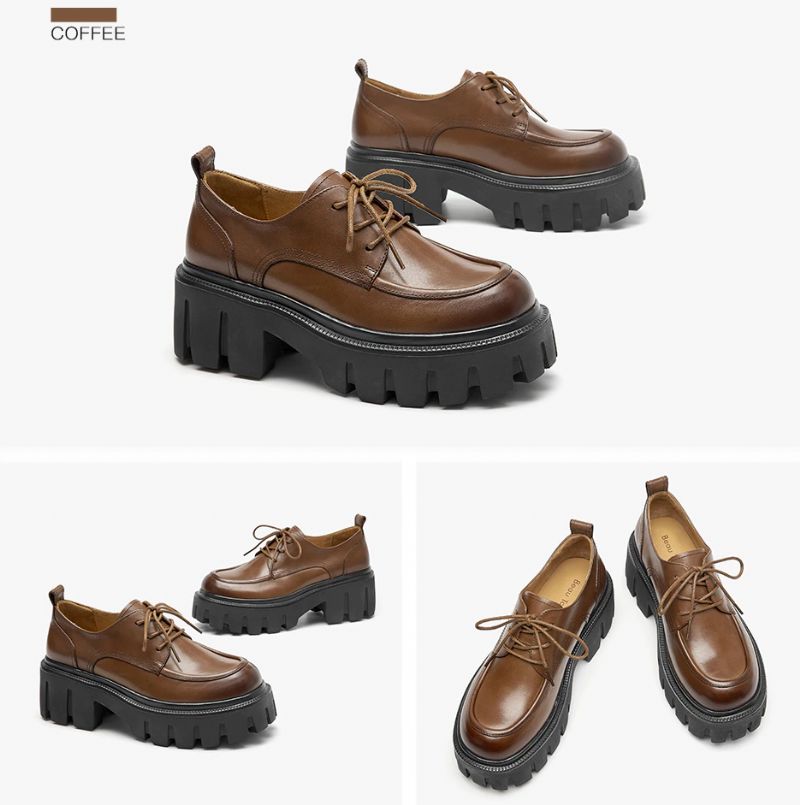 Pinto Damskie Skórzane Buty Na Platformie - Kawa