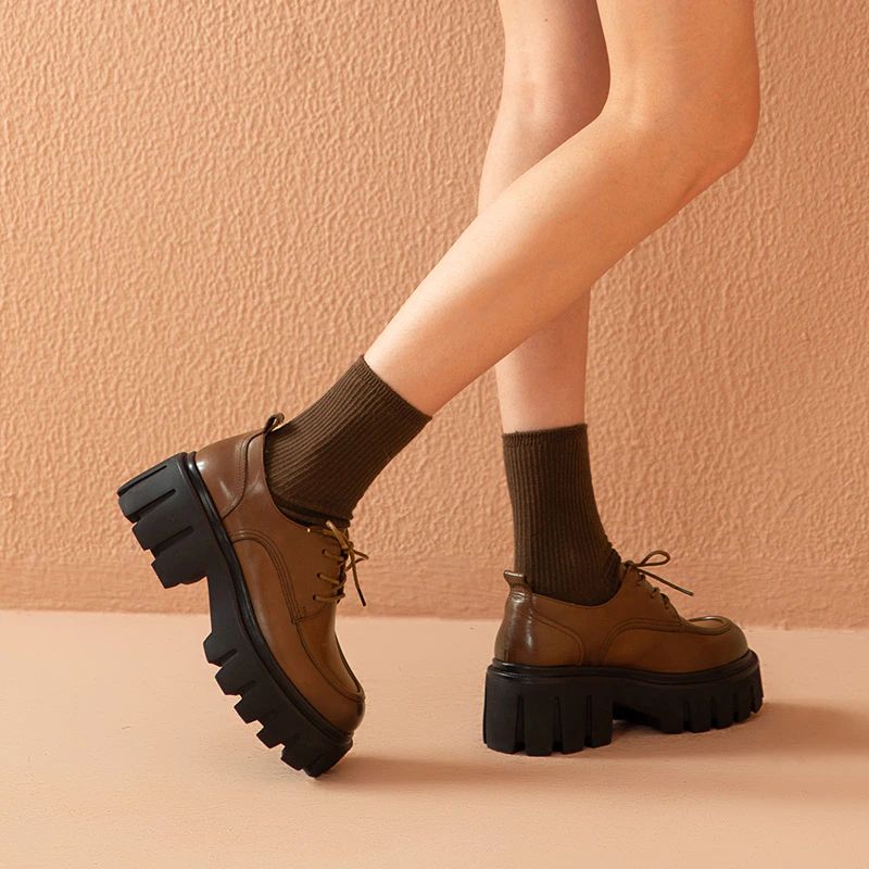 Pinto Damskie Skórzane Buty Na Platformie - Kawa