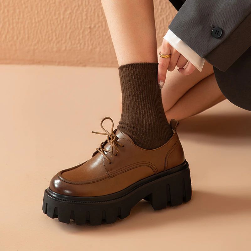 Pinto Damskie Skórzane Buty Na Platformie - Kawa