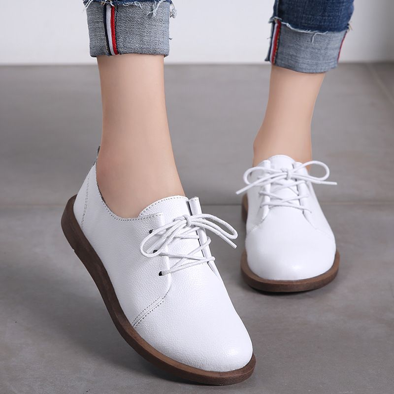 Płaskie Buty Damskie Lizzy Leather Lace Up Oxfords - Beżowy