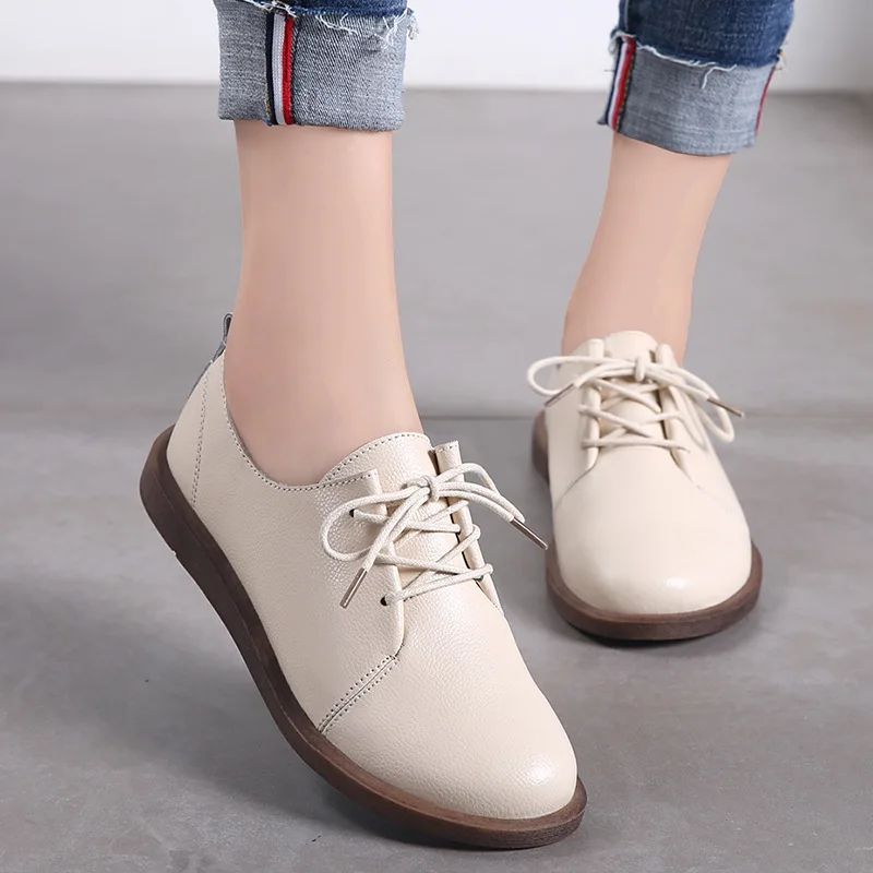 Płaskie Buty Damskie Lizzy Leather Lace Up Oxfords - Beżowy