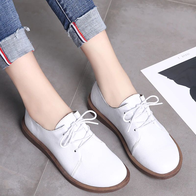 Płaskie Buty Damskie Lizzy Leather Lace Up Oxfords - Beżowy