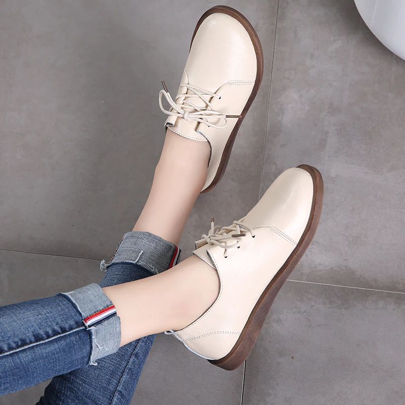 Płaskie Buty Damskie Lizzy Leather Lace Up Oxfords - Beżowy