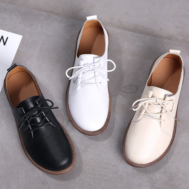 Płaskie Buty Damskie Lizzy Leather Lace Up Oxfords - Beżowy