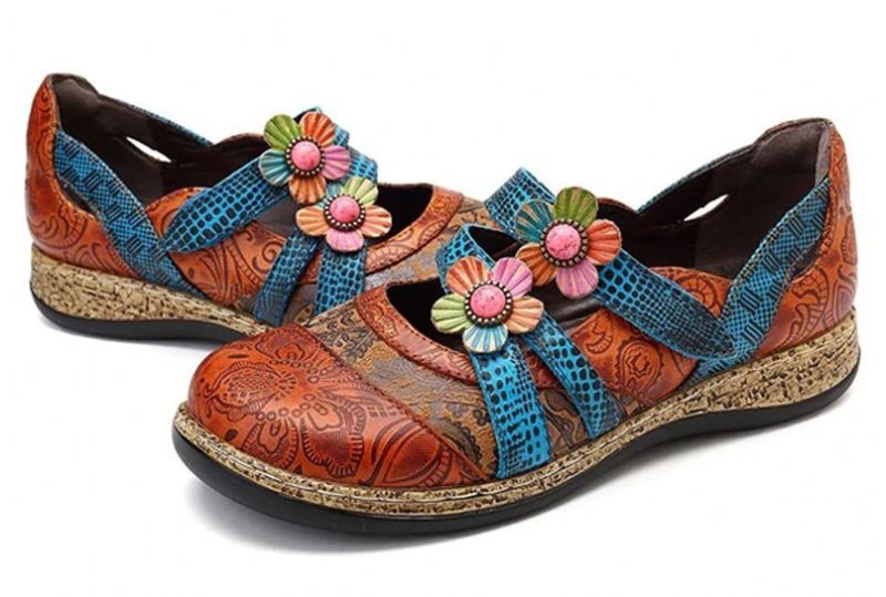 Płaskie Buty Damskie Sther - Skórzane Kwiatowe - Czerwony
