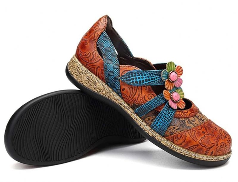 Płaskie Buty Damskie Sther - Skórzane Kwiatowe - Czerwony