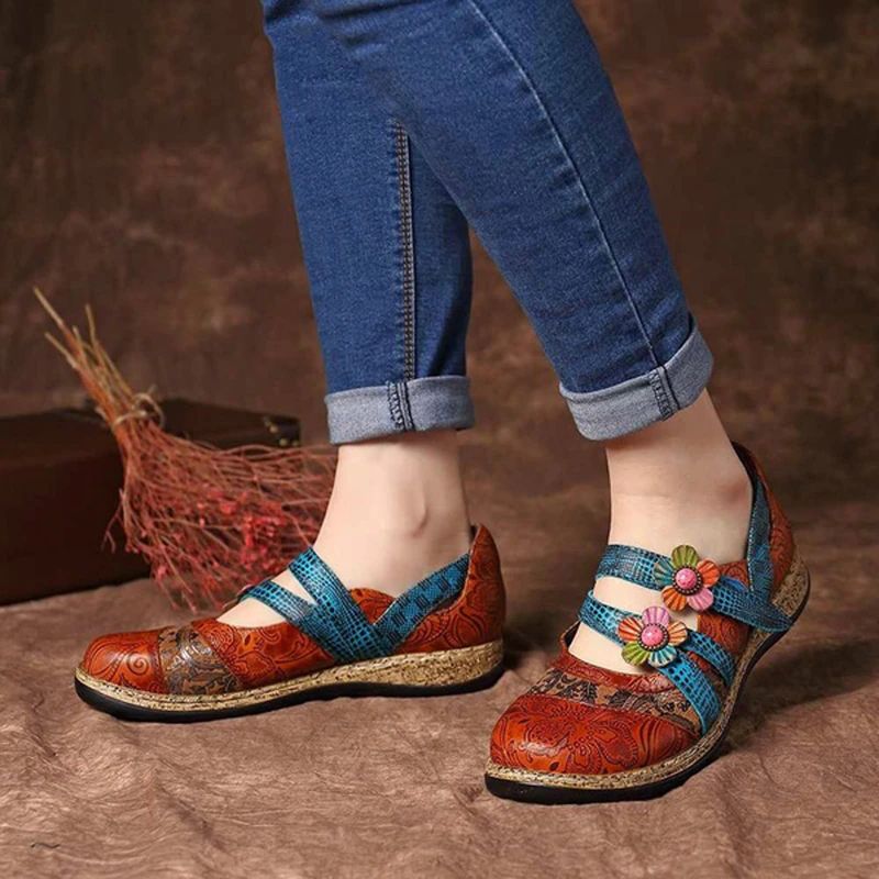Płaskie Buty Damskie Sther - Skórzane Kwiatowe - Czerwony