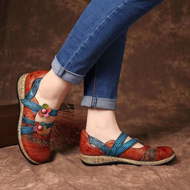 Płaskie Buty Damskie Sther - Skórzane Kwiatowe - Czerwony