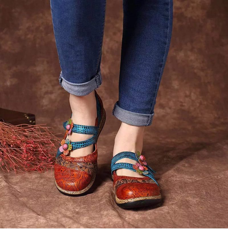 Płaskie Buty Damskie Sther - Skórzane Kwiatowe - Czerwony