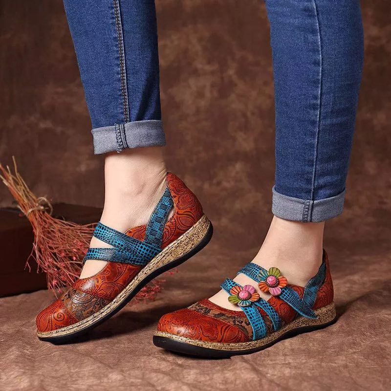 Płaskie Buty Damskie Sther - Skórzane Kwiatowe - Czerwony