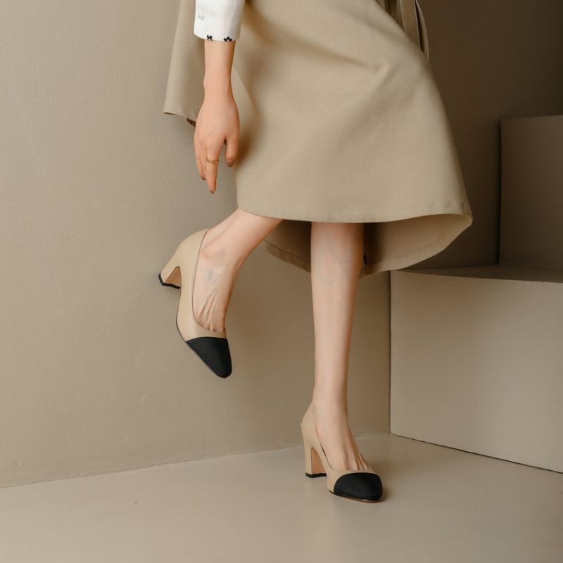 Rony Damskie Skórzane Czółenka Typu Slip-on - Morelowy Obcas 2.5