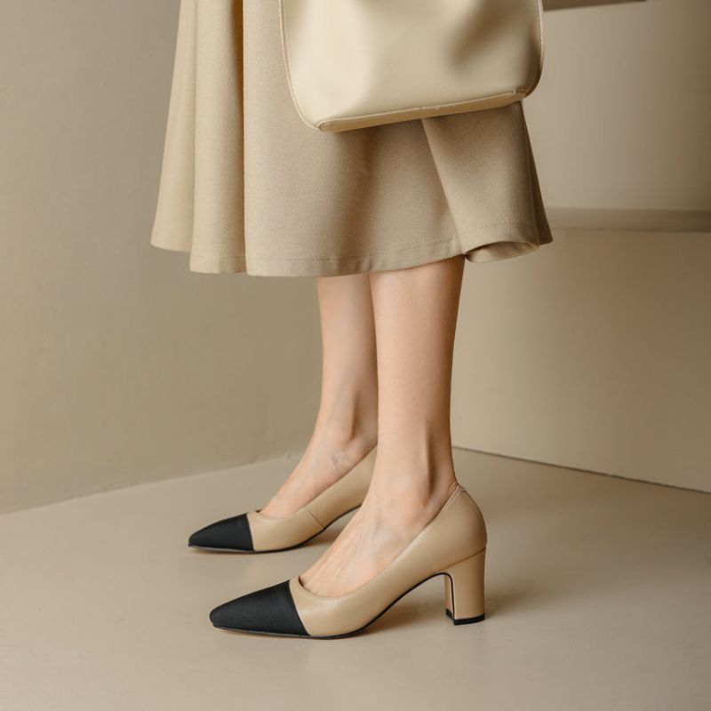 Rony Damskie Skórzane Czółenka Typu Slip-on - Morelowy Obcas 2.5