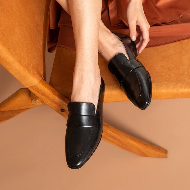 Rudy Damskie Skórzane Buty Typu Loafer - Czarny