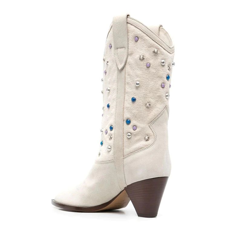 Russo Damskie Modne Buty Do Połowy Łydki Rivets - Beżowy Bez Futra