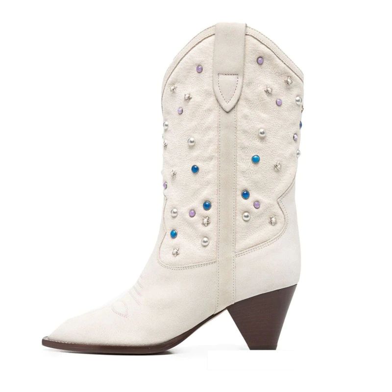 Russo Damskie Modne Buty Do Połowy Łydki Rivets - Beżowy Bez Futra