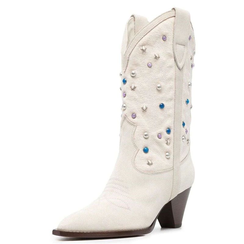 Russo Damskie Modne Buty Do Połowy Łydki Rivets - Beżowy Bez Futra