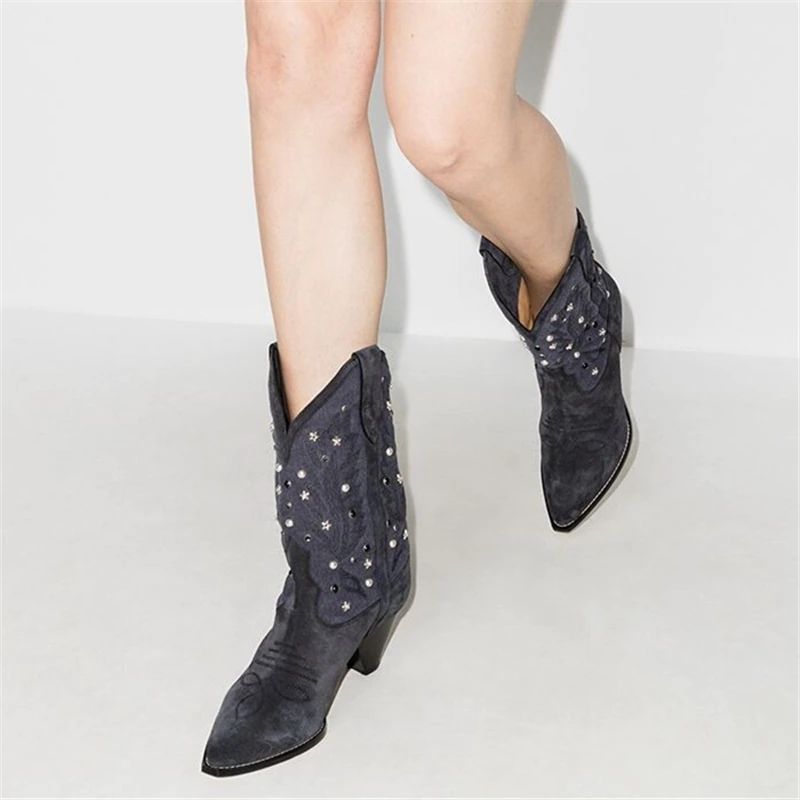 Russo Damskie Modne Buty Do Połowy Łydki Rivets - Beżowy Bez Futra