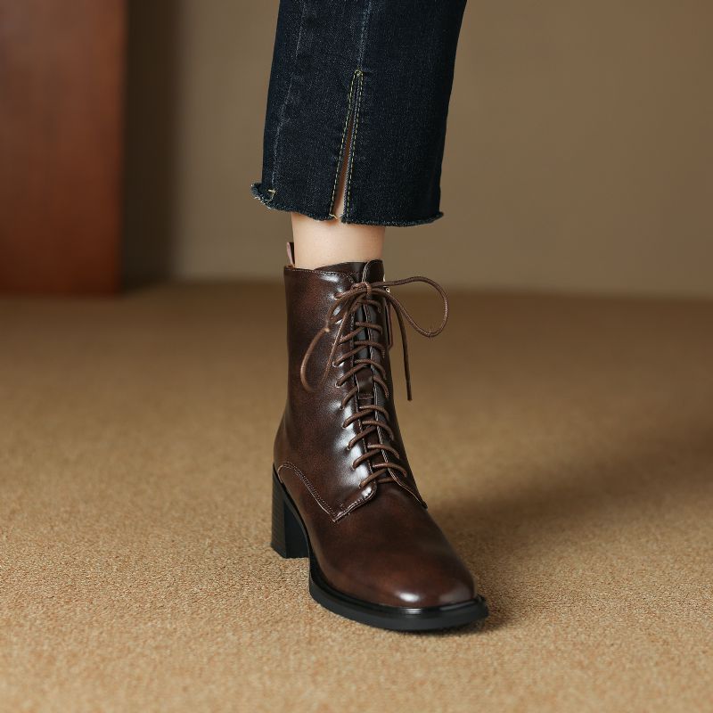 Sandy Damskie Skórzane Sznurowane Buty - Czarny
