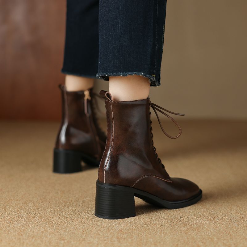 Sandy Damskie Skórzane Sznurowane Buty - Czarny