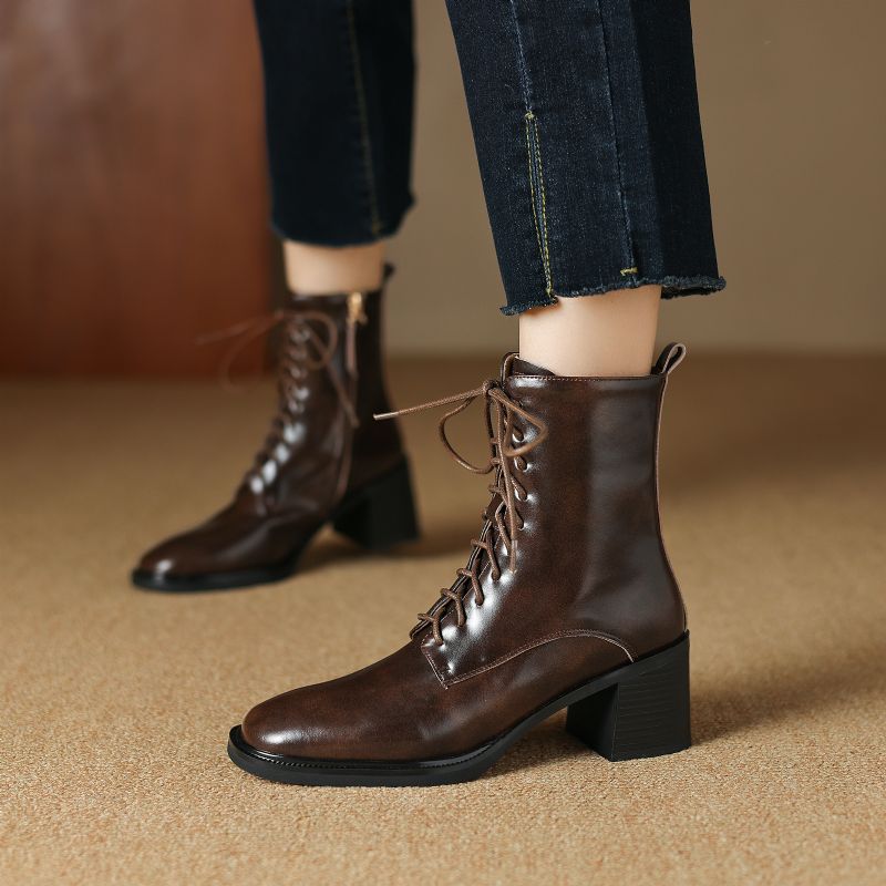 Sandy Damskie Skórzane Sznurowane Buty - Czarny