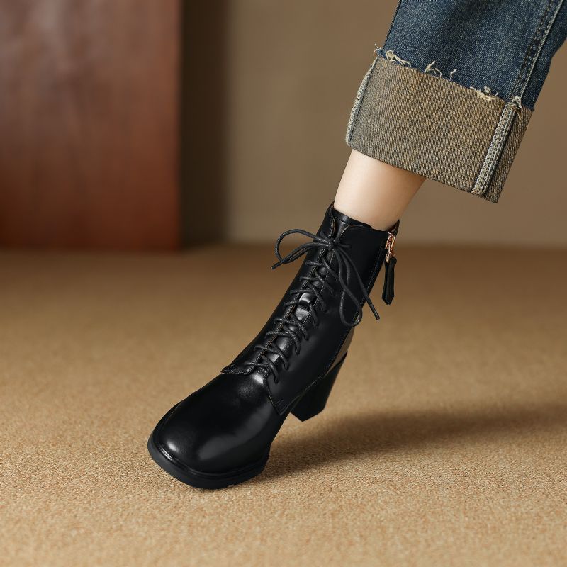 Sandy Damskie Skórzane Sznurowane Buty - Czarny