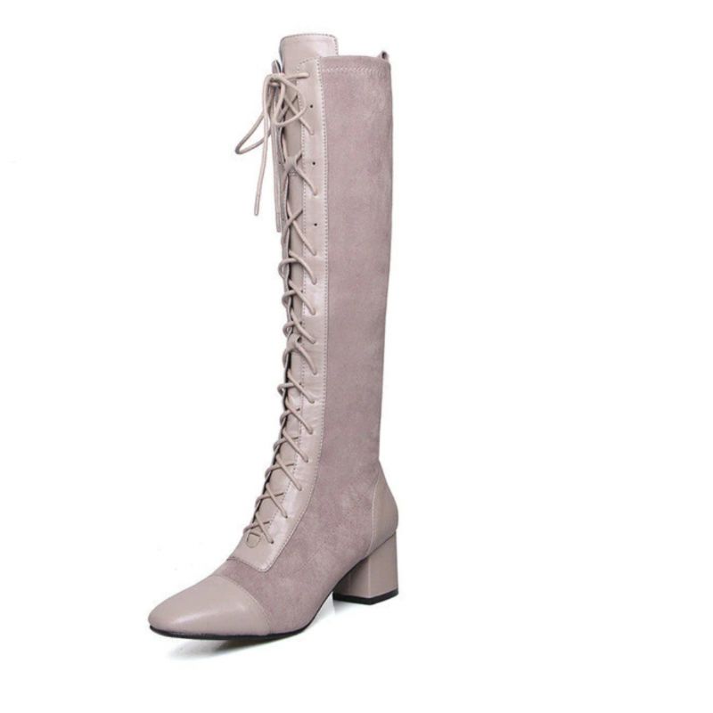 Santy Damskie Skórzane Wysokie Do Kolan Buty - Czarny Aksamit