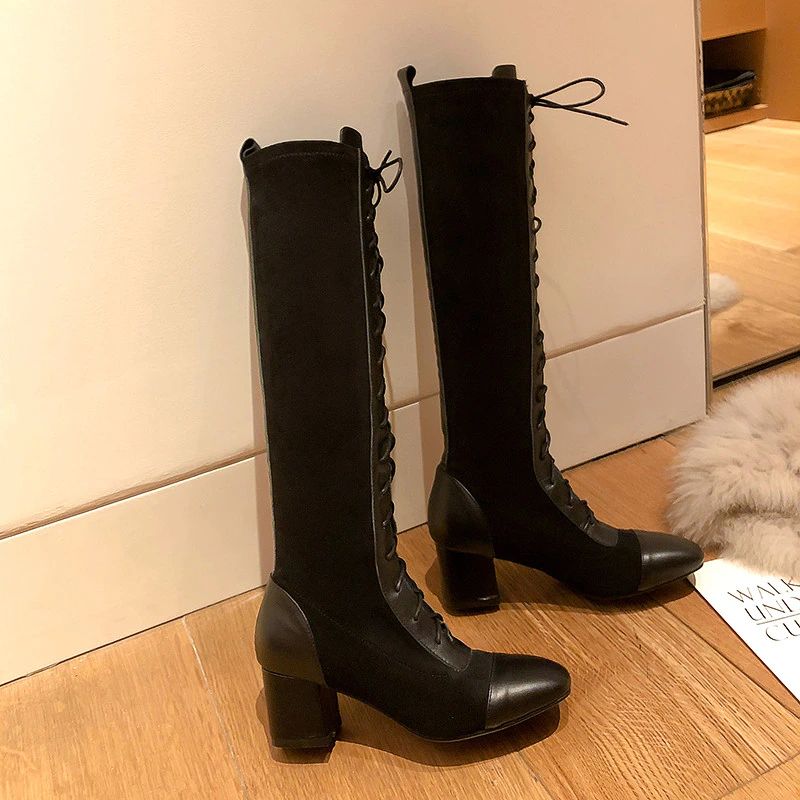 Santy Damskie Skórzane Wysokie Do Kolan Buty - Czarny Aksamit