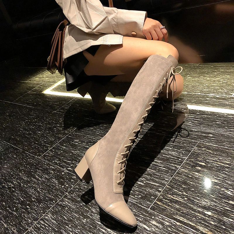 Santy Damskie Skórzane Wysokie Do Kolan Buty - Czarny Aksamit
