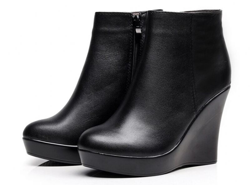 Shanty Damskie Buty Na Koturnie Ze Skóry Na Do Kostki - Czarny Długi Plusz