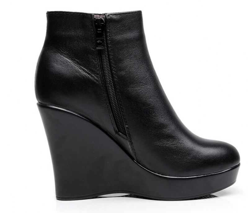 Shanty Damskie Buty Na Koturnie Ze Skóry Na Do Kostki - Czarny Długi Plusz