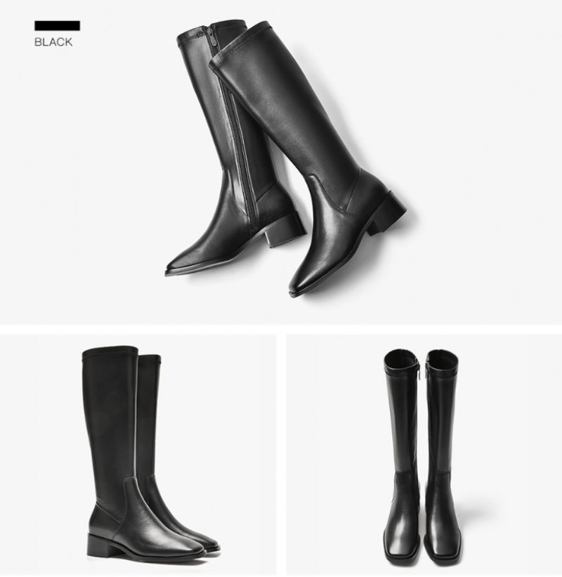 Skórzane Buty Damskie Troy - Czarny krótki plusz
