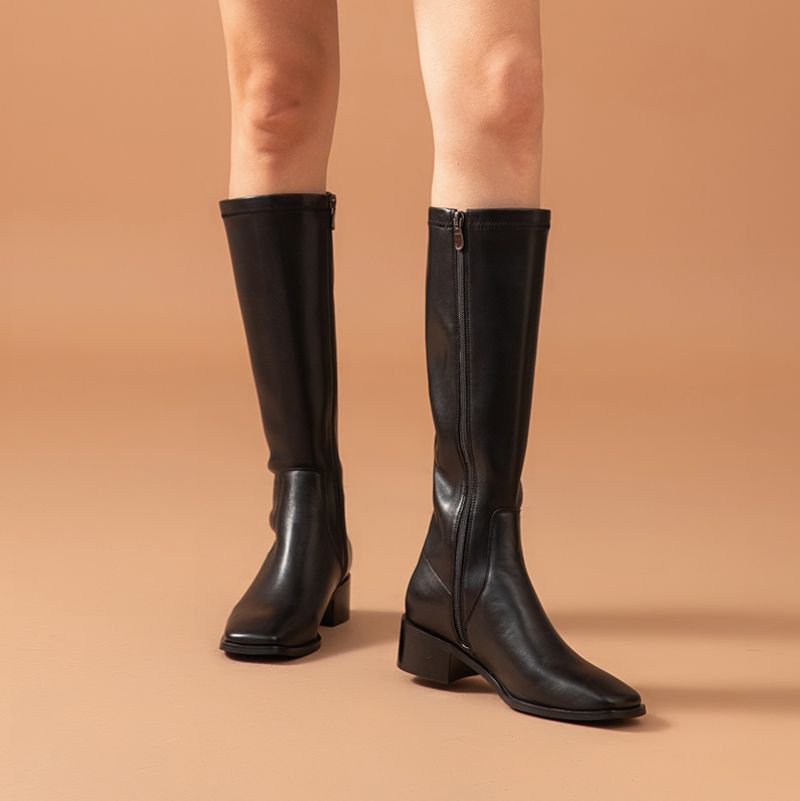 Skórzane Buty Damskie Troy - Czarny krótki plusz