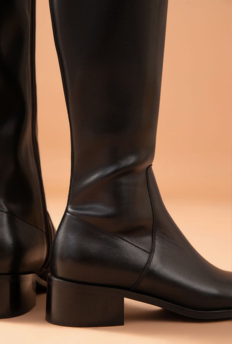 Skórzane Buty Damskie Troy - Czarny krótki plusz