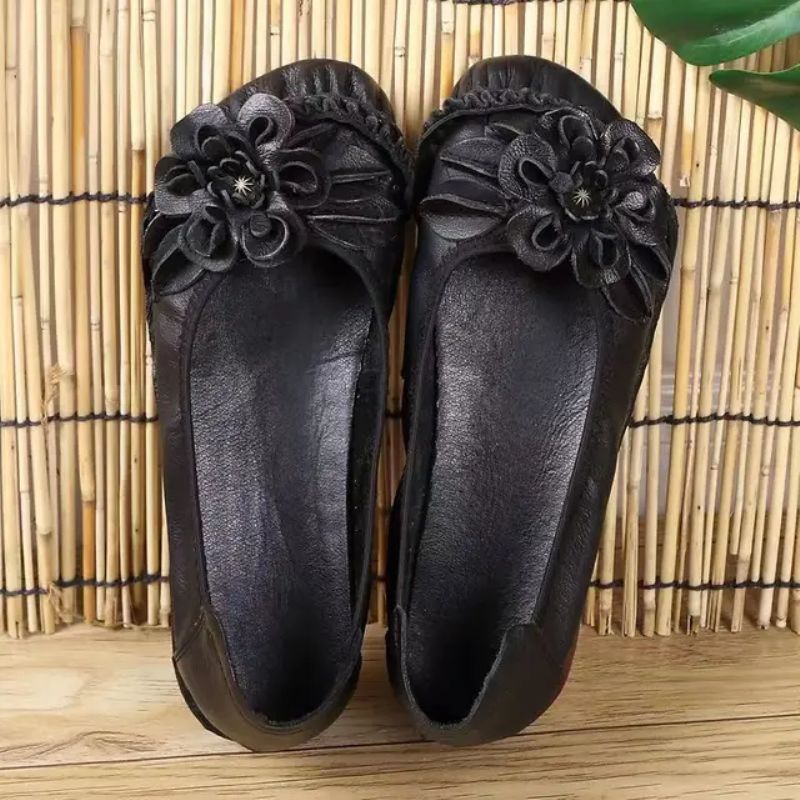 Skórzane Płaskie Buty Damskie Estelita - Czarny