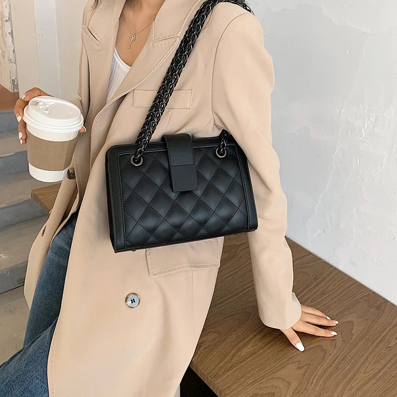 Torebka Damska Vangot Trendy Designer Chain Leather Tote - Czarny