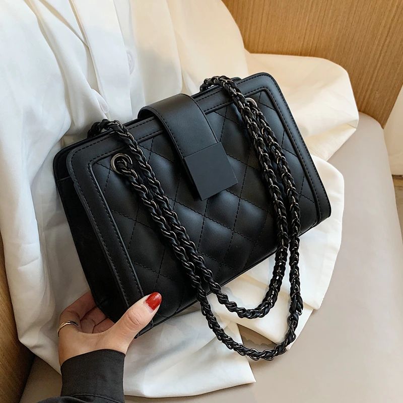 Torebka Damska Vangot Trendy Designer Chain Leather Tote - Czarny
