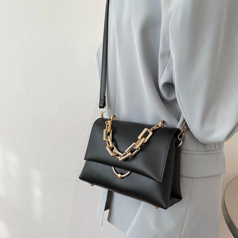 Venia Damska Skórzana Torebka Crossbody Z Klapką - Czarny