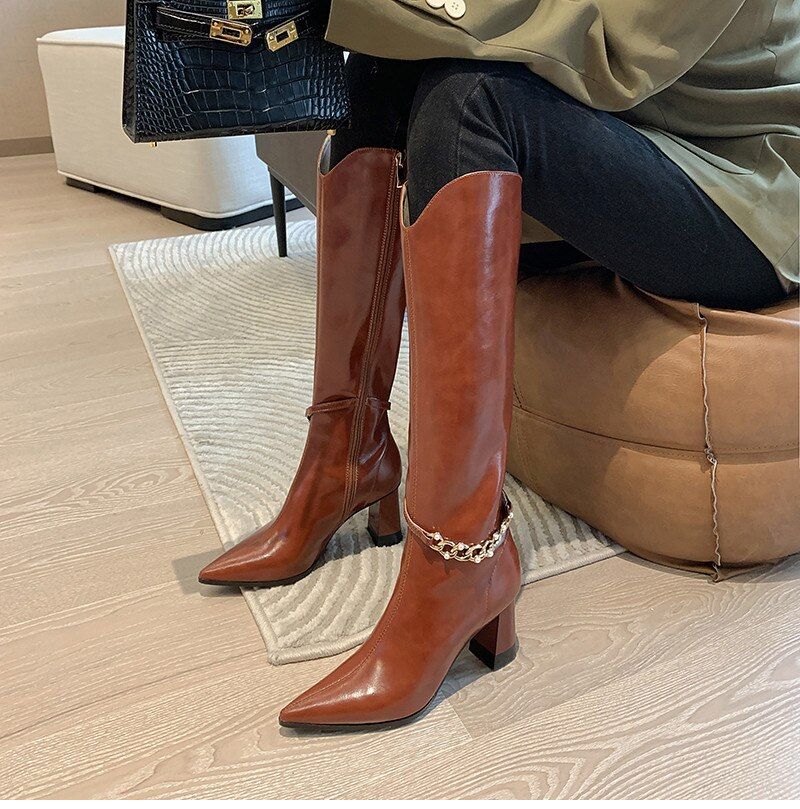 Virginia Damskie Buty Na Wysokim Obcasie Do Kolan - Beżowy Bez Futra