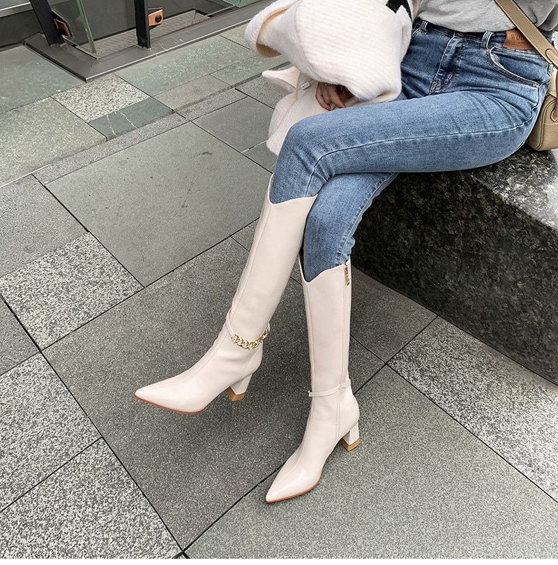 Virginia Damskie Buty Na Wysokim Obcasie Do Kolan - Beżowy Bez Futra